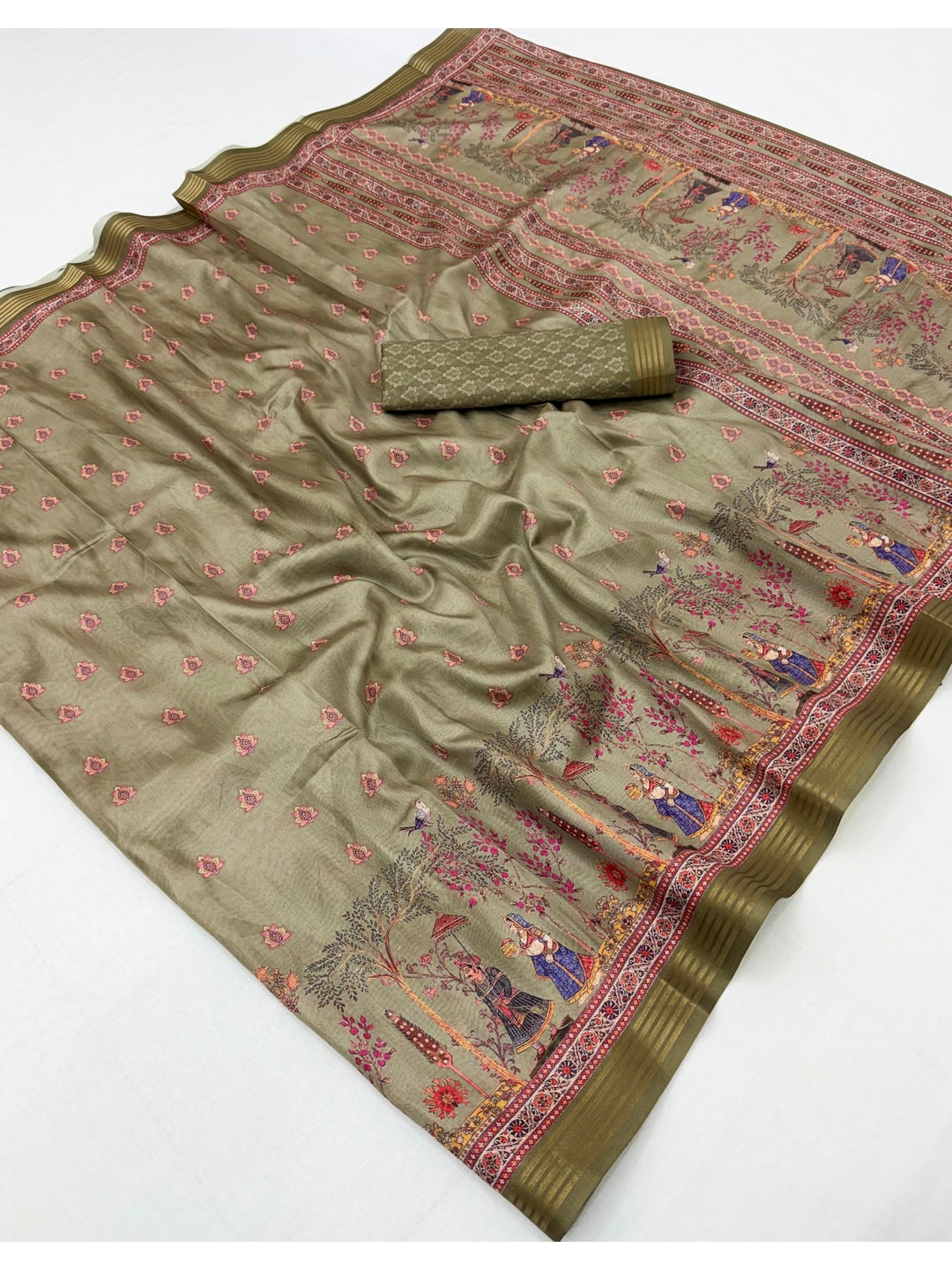 Peachmode Olive Cotton Silk Digital Printed Saree - Image 2
