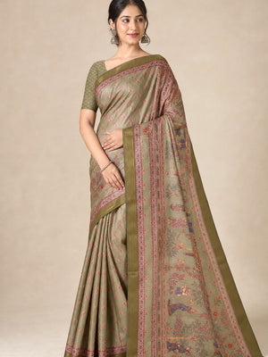 Peachmode Olive Cotton Silk Digital Printed Saree - Image 1