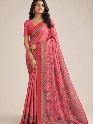 Peachmode Pink Cotton Silk Digital Printed Saree - Image 1