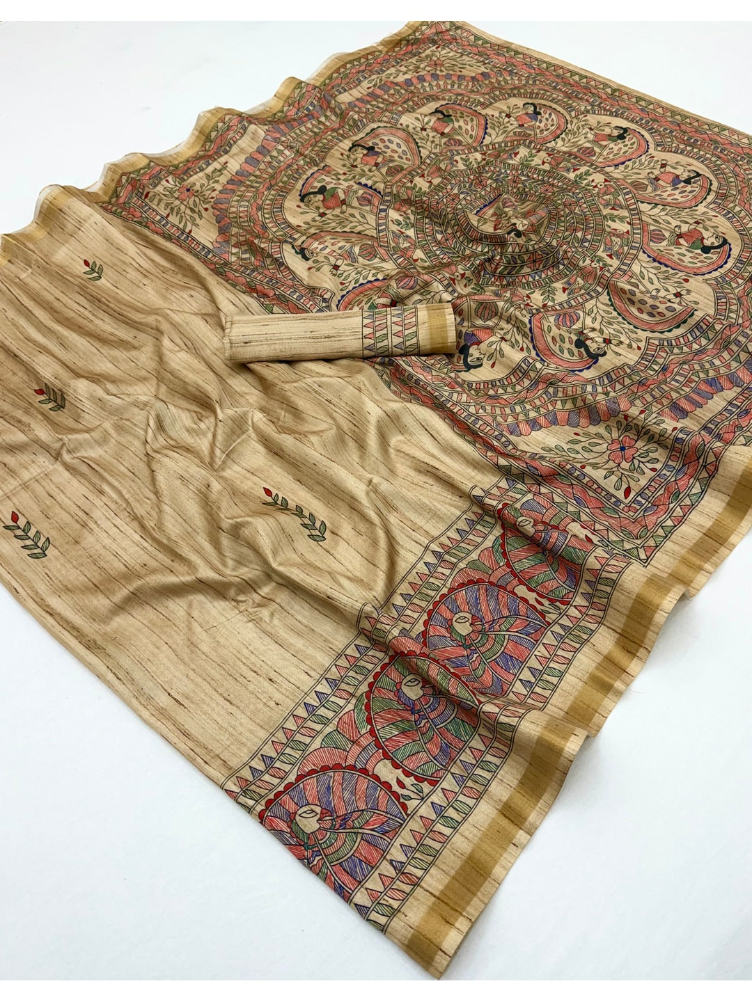 Peachmode Cream Art Silk Digital Printed Saree - Image 3