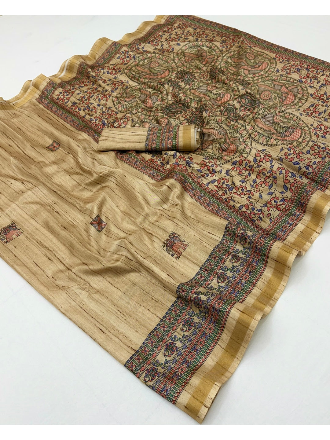 Peachmode Beige Art Silk Digital Printed Saree - Image 3