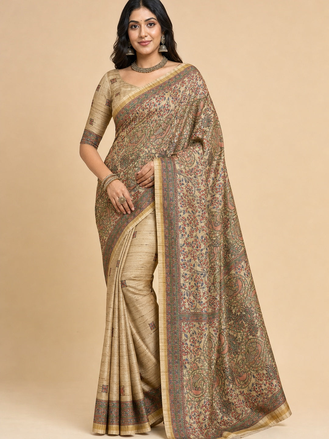 Peachmode Beige Art Silk Digital Printed Saree - Image 1