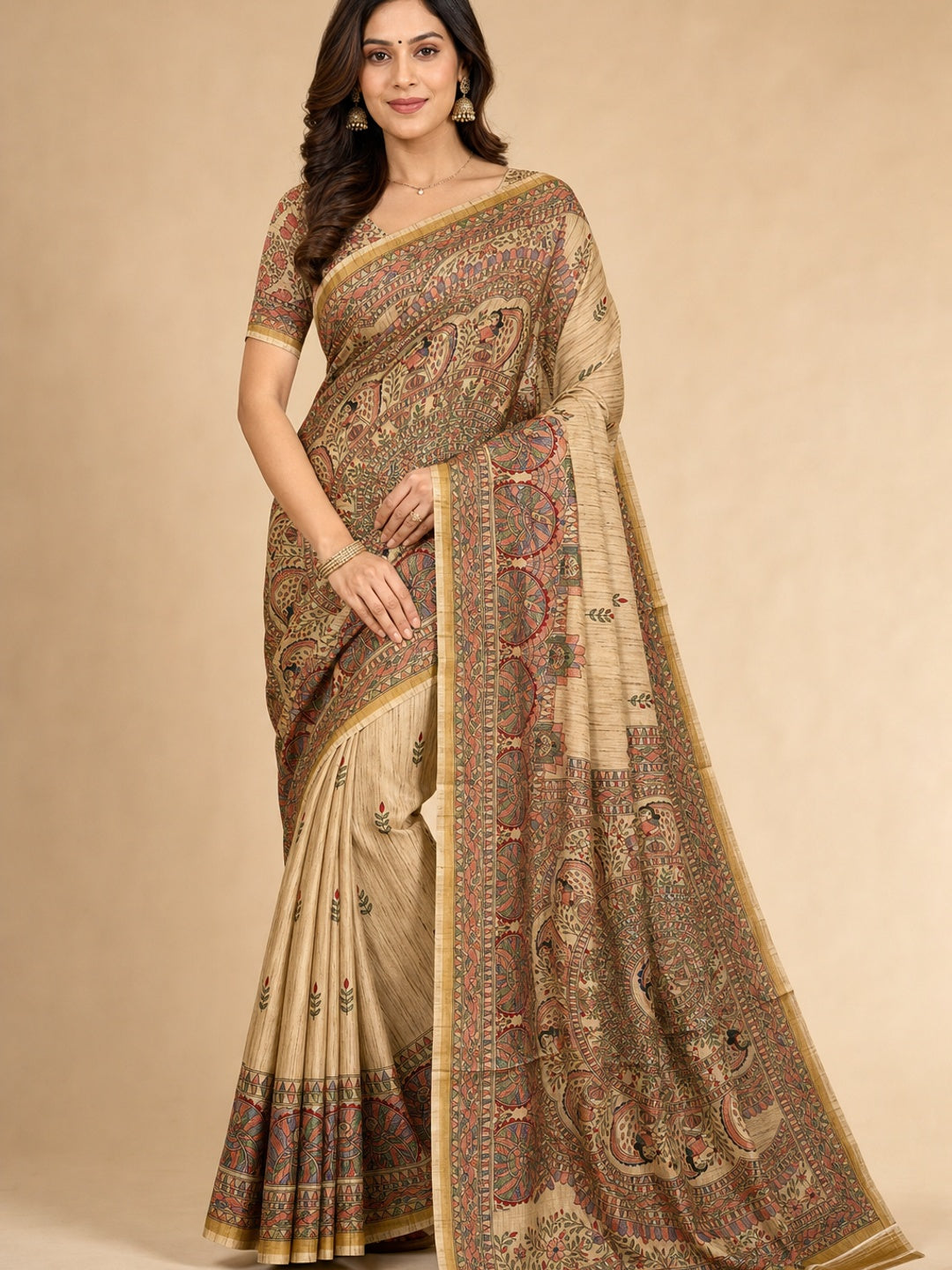 Peachmode Cream Art Silk Digital Printed Saree - Image 1