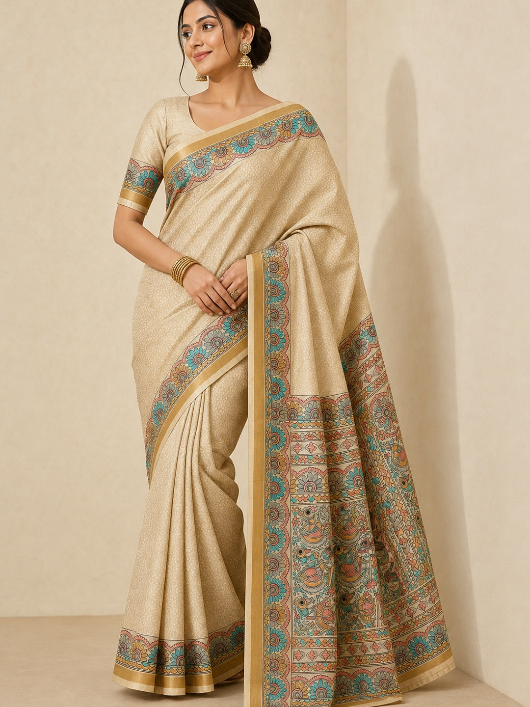Peachmode Beige & Turquoise Art Silk Digital Printed Saree - Image 1