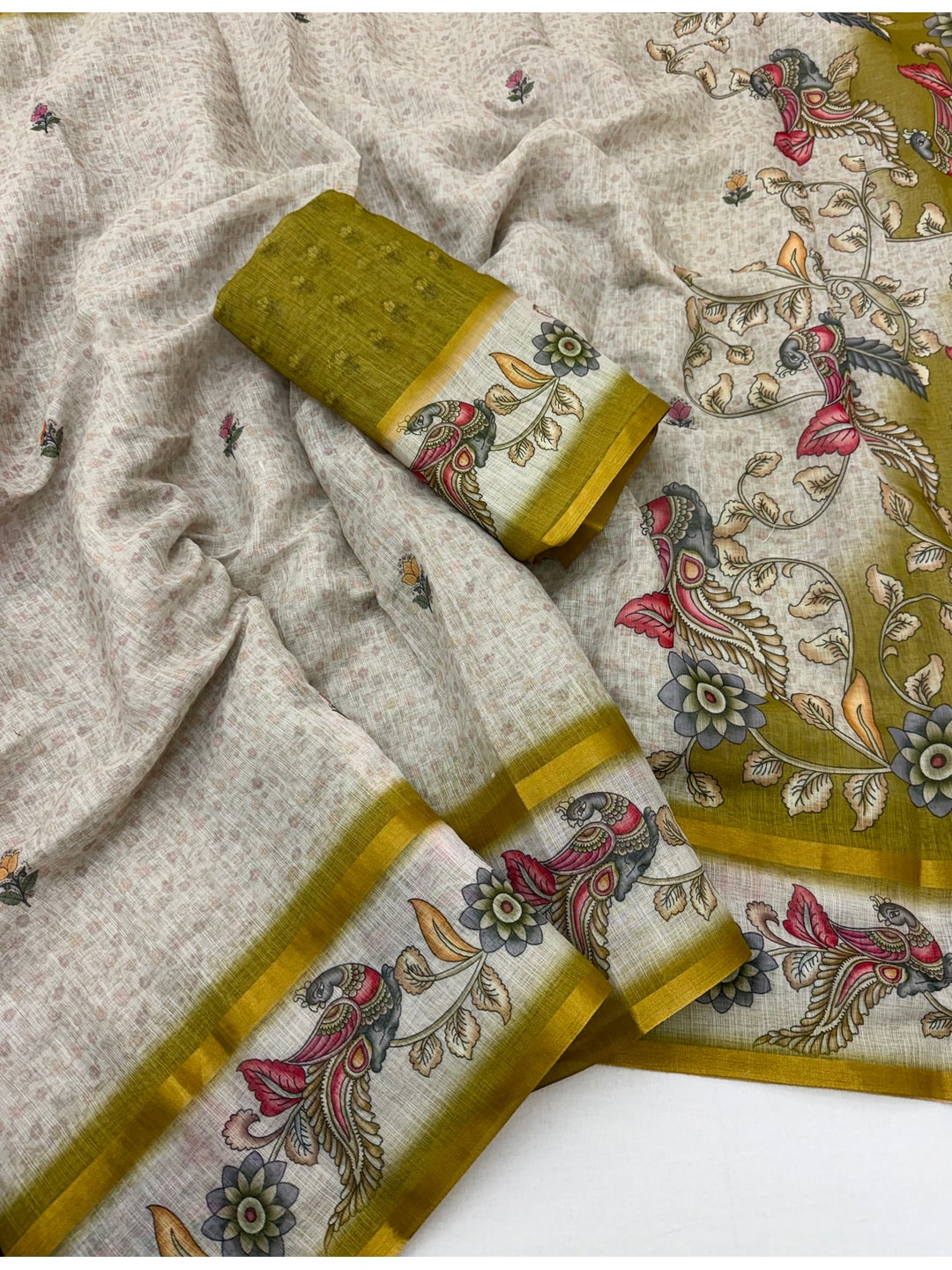 Peachmode Mustard Linen Cotton Digital Printed Saree - Image 2
