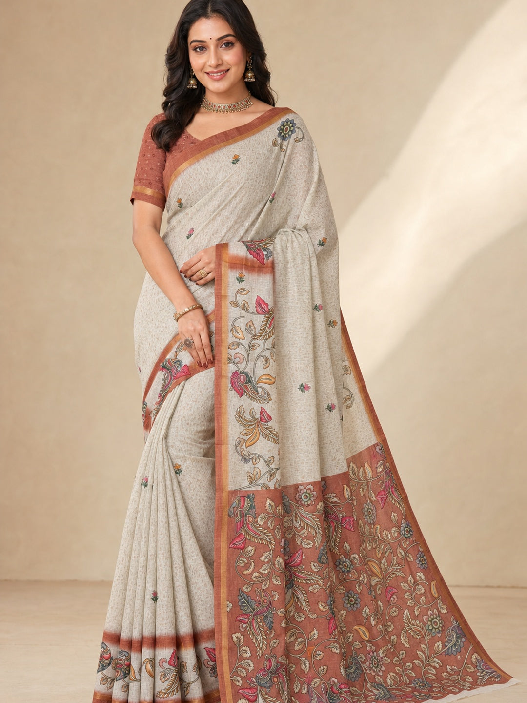 Peachmode Rust Linen Cotton Digital Printed Saree - Image 1