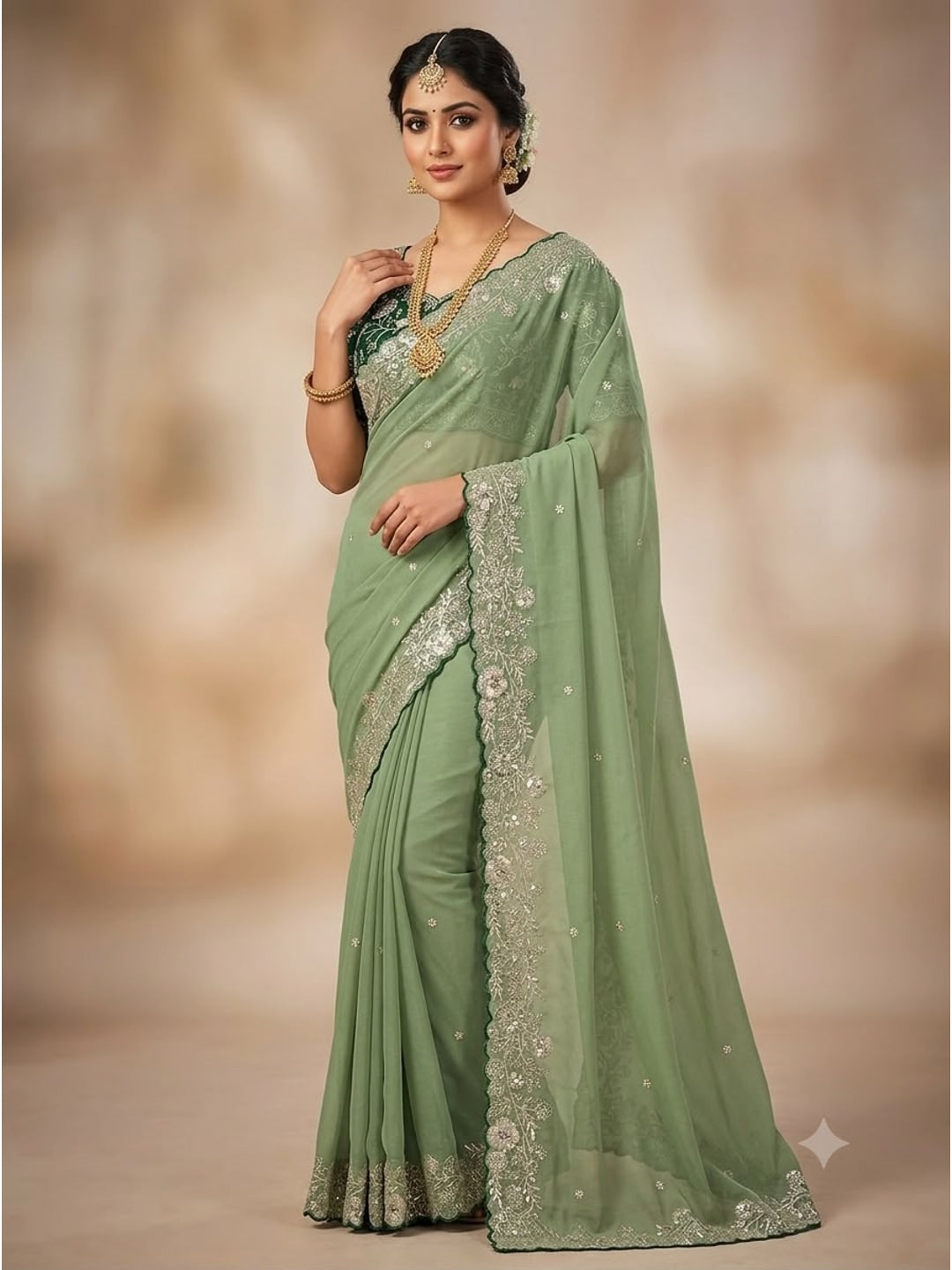 Peachmode Green Star Georgette Silk C-Pallu Saree with Thread and Zari Embroidery - Image 3