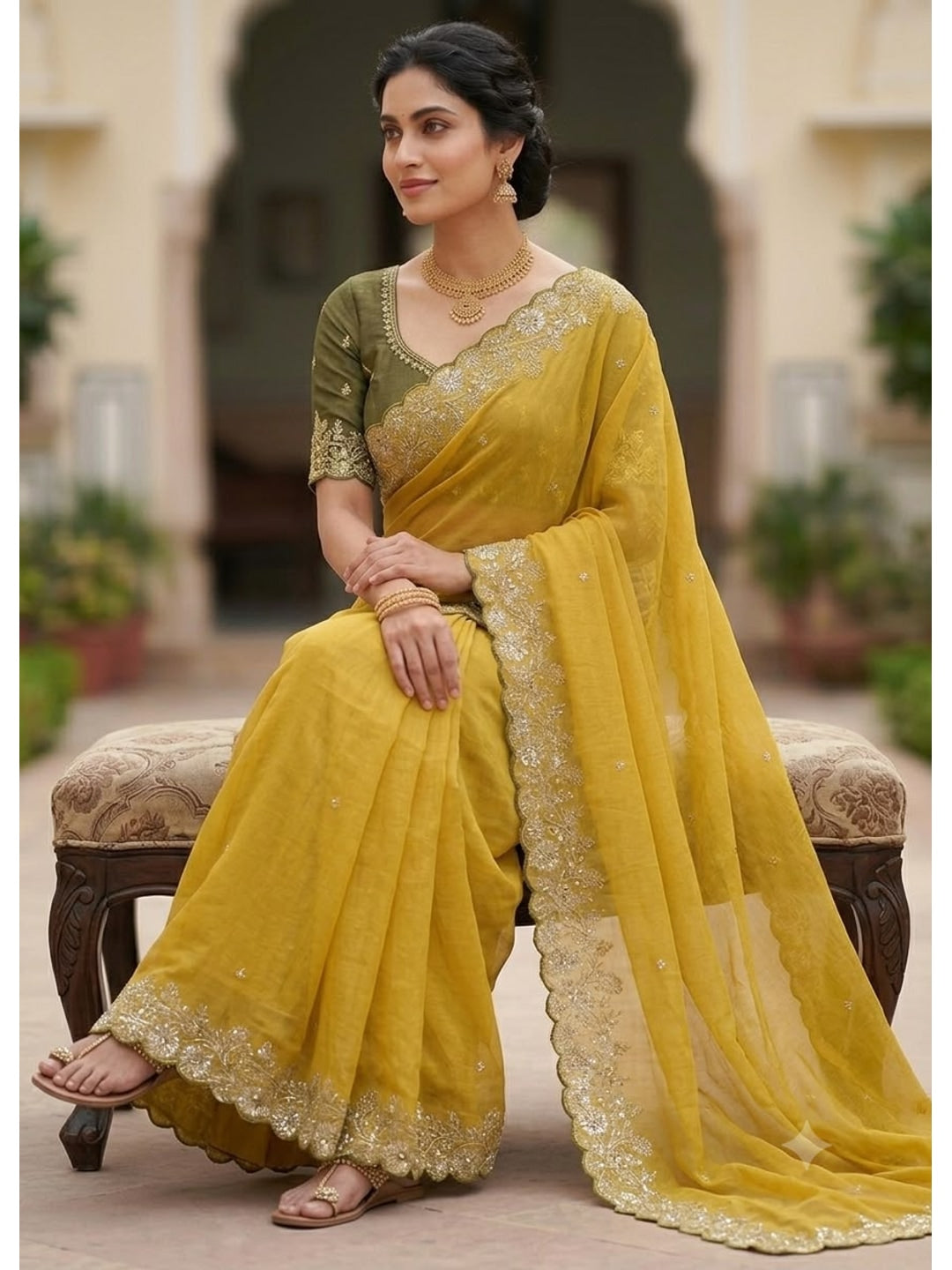 Peachmode Yellow Star Georgette Silk C-Pallu Saree with Thread and Zari Embroidery - Image 1