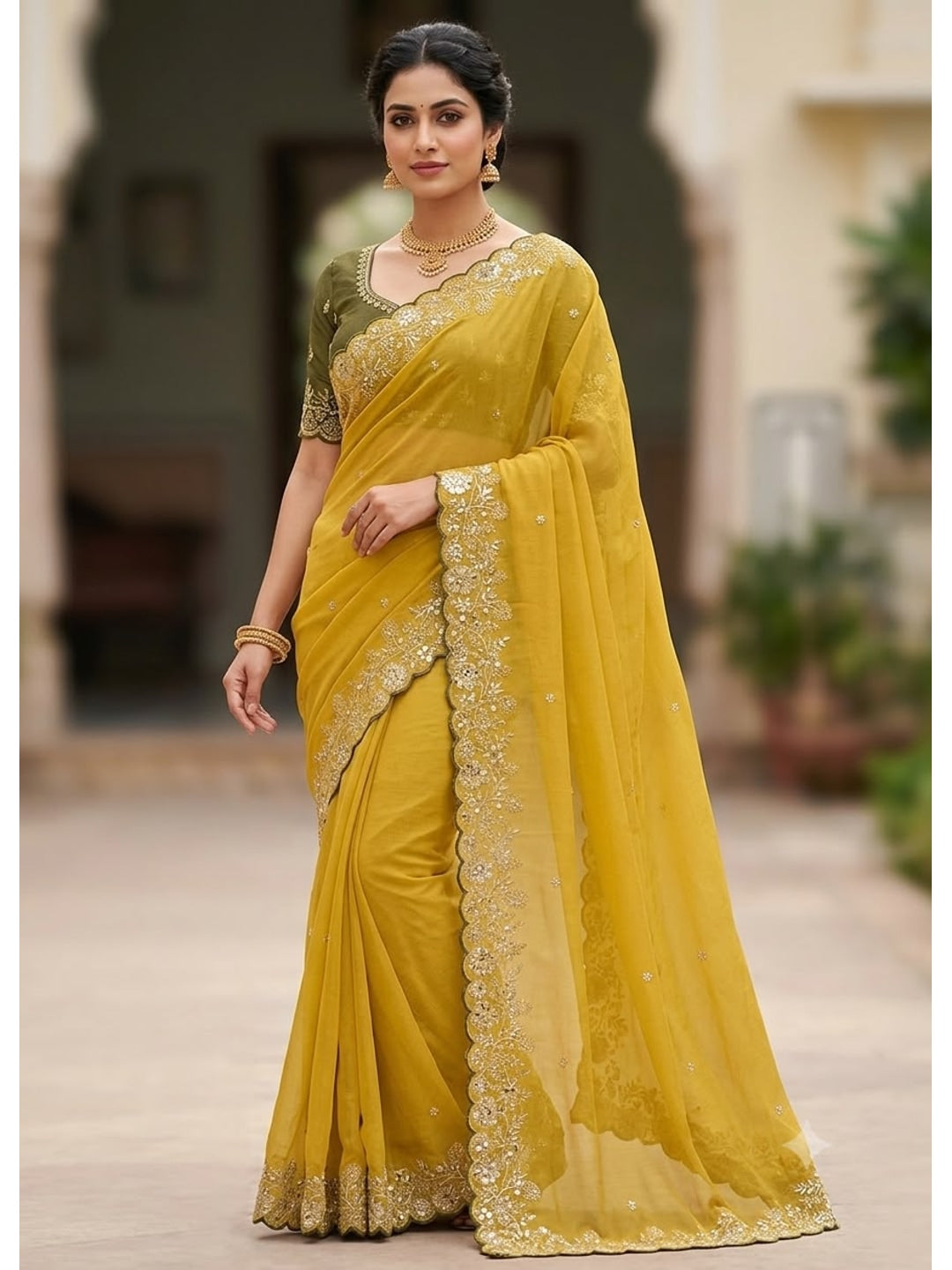 Peachmode Yellow Star Georgette Silk C-Pallu Saree with Thread and Zari Embroidery - Image 3