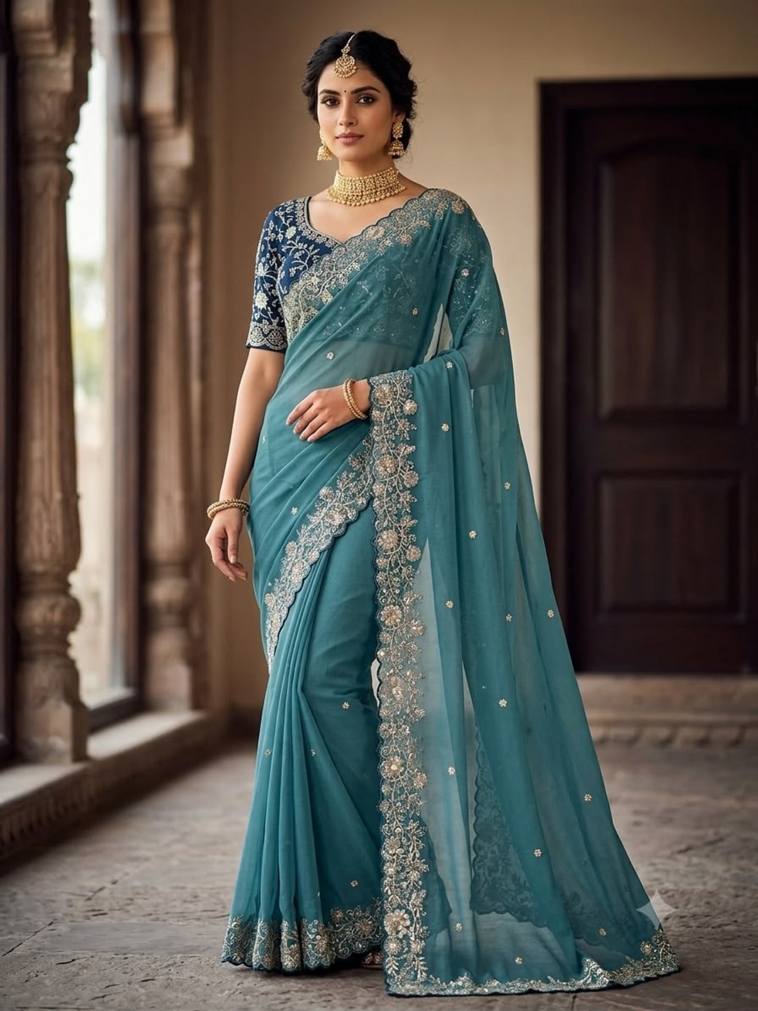 Peachmode Teal Star Georgette Silk C-Pallu Saree with Thread and Zari Embroidery - Image 1