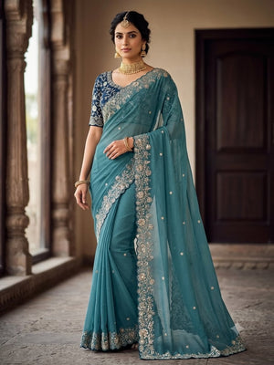 Peachmode Teal Star Georgette Silk C-Pallu Saree with Thread and Zari Embroidery - Image 1