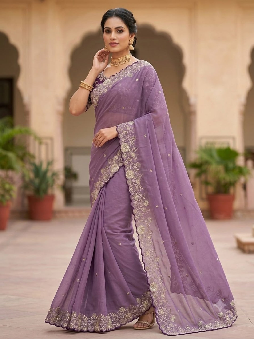 Peachmode Lavender Star Georgette Silk C-Pallu Saree with Thread and Zari Embroidery - Image 2