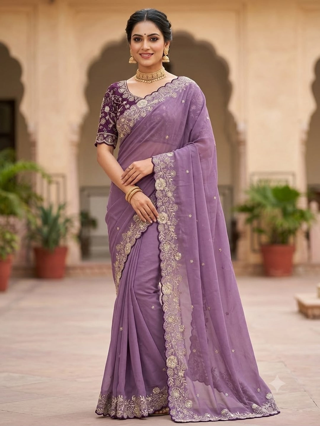 Peachmode Lavender Star Georgette Silk C-Pallu Saree with Thread and Zari Embroidery - Image 3
