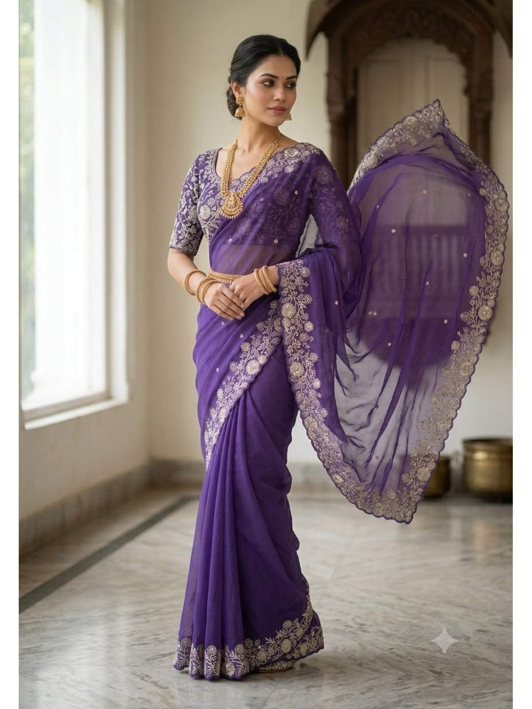 Peachmode Purple Star Georgette Silk C-Pallu Saree with Thread and Zari Embroidery - Image 3