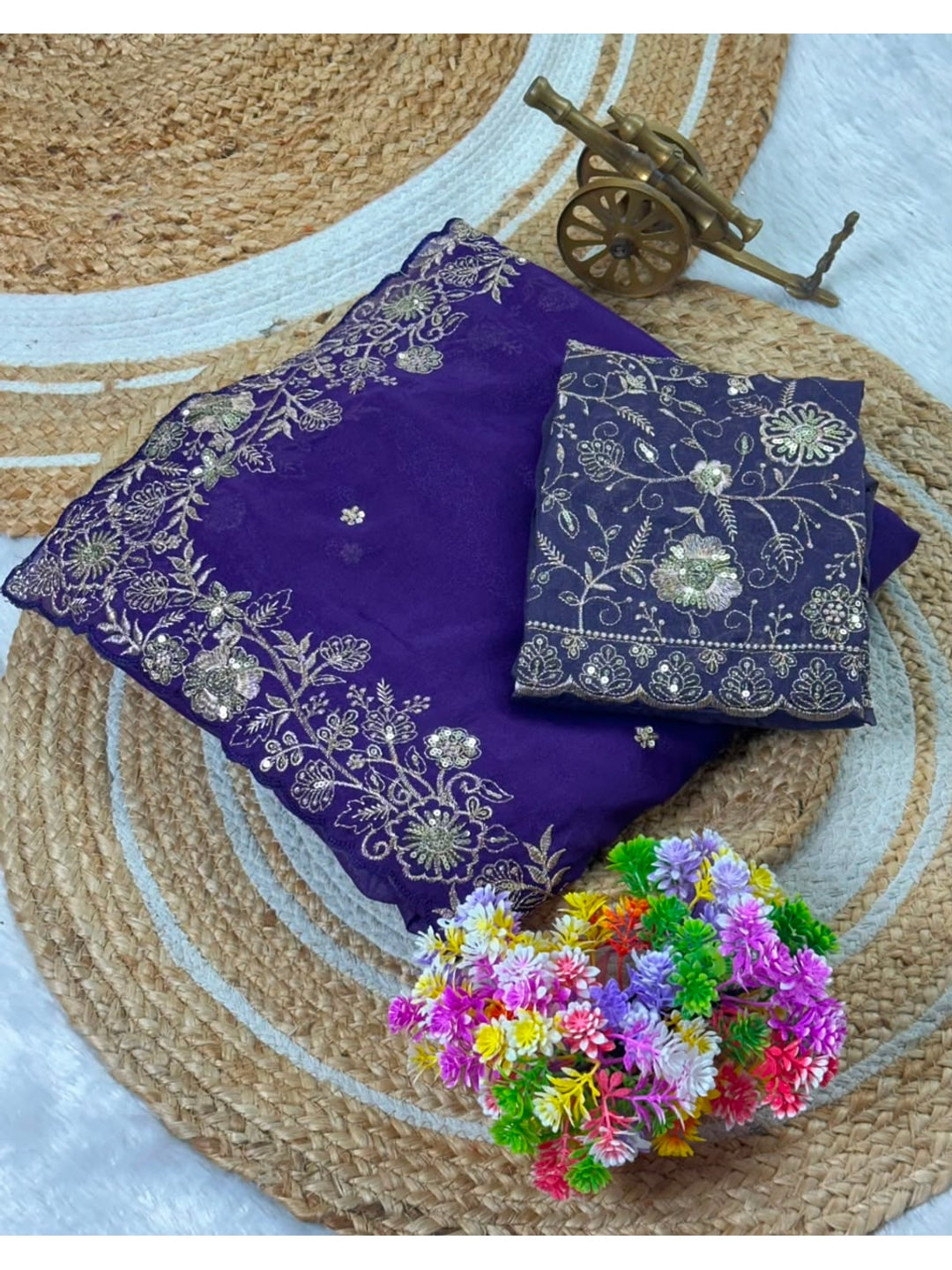 Peachmode Purple Star Georgette Silk C-Pallu Saree with Thread and Zari Embroidery - Image 5