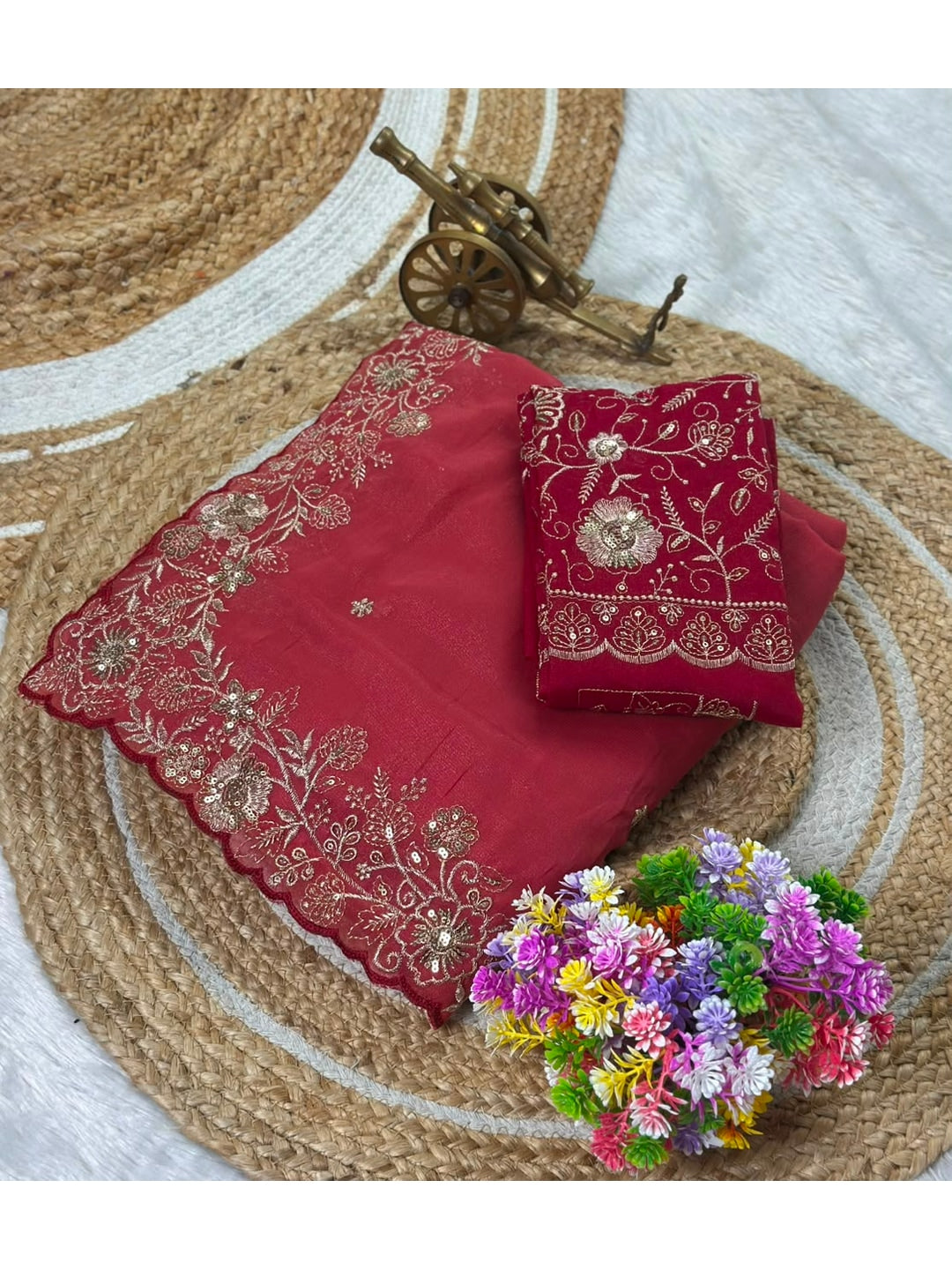 Peachmode Pink Star Georgette Silk C-Pallu Saree with Thread and Zari Embroidery - Image 5