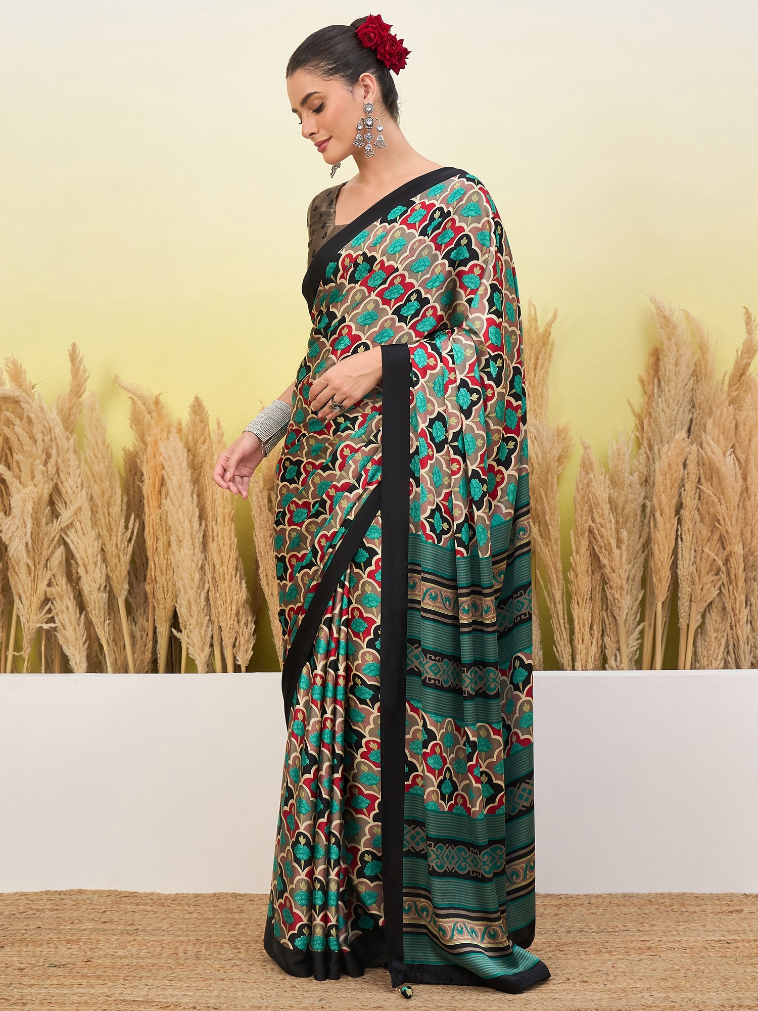Peachmode Black Semi Modal Printed Saree - Image 3