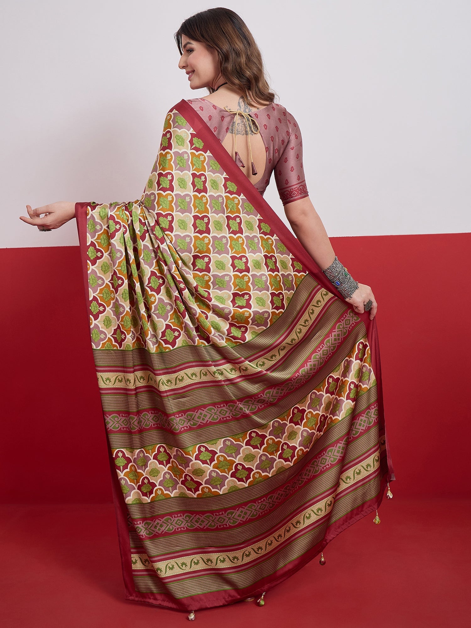 Peachmode Red Semi Modal Printed Saree - Image 3
