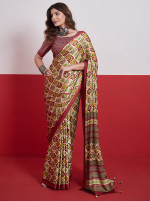 Peachmode Red Semi Modal Printed Saree - Image 1