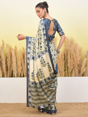 Peachmode Sky Blue Semi Modal Printed Saree - Image 2