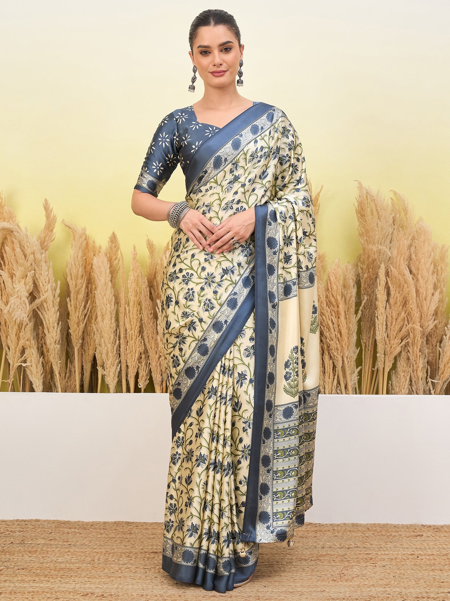 Peachmode Sky Blue Semi Modal Printed Saree - Image 1