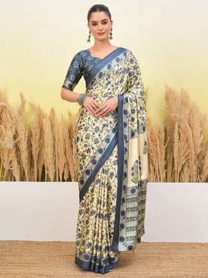 Peachmode Sky Blue Semi Modal Printed Saree - Image 1