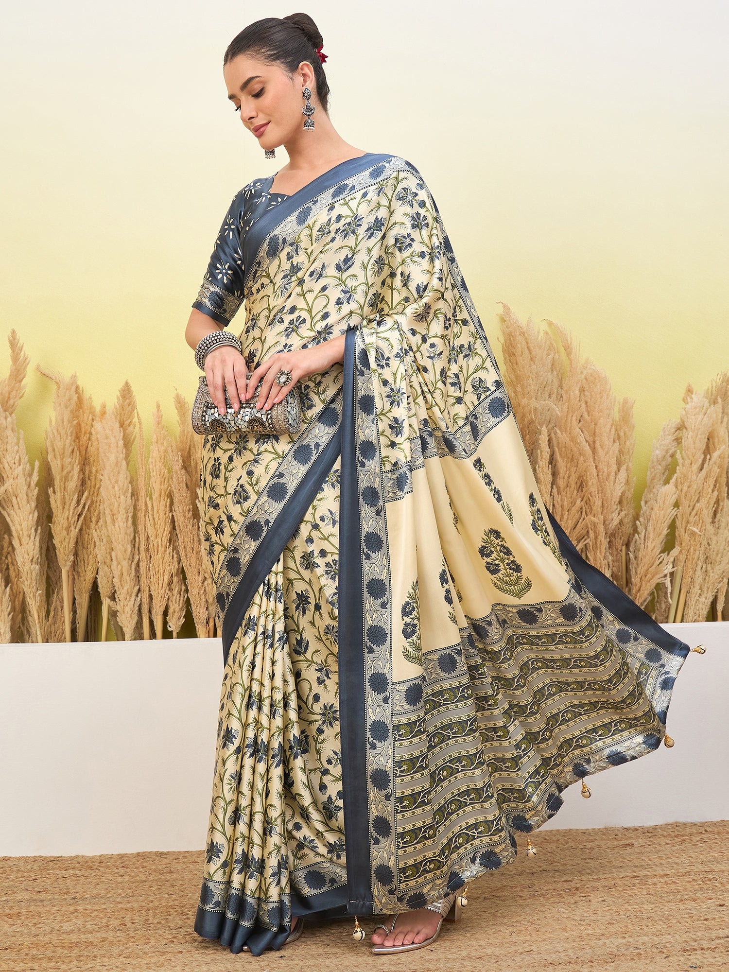 Peachmode Sky Blue Semi Modal Printed Saree - Image 4