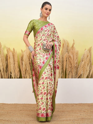 Peachmode Light Green Semi Modal Printed Saree - Image 1