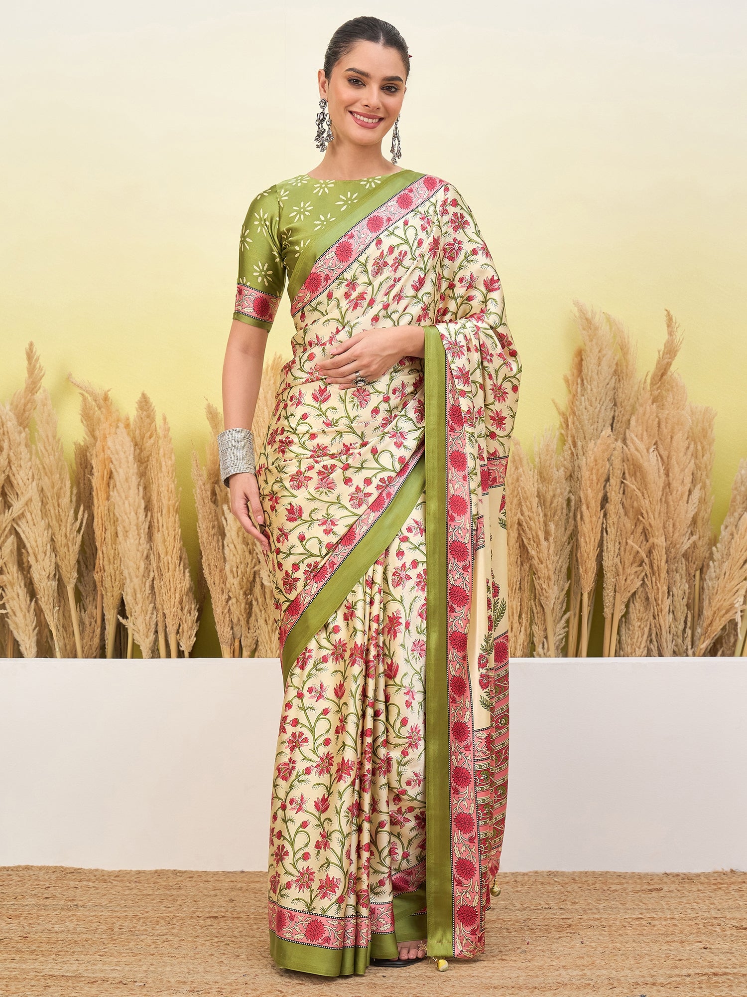 Peachmode Light Green Semi Modal Printed Saree - Image 4