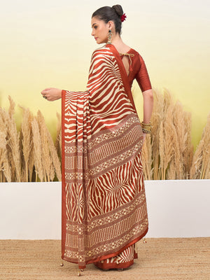 Peachmode Rust Semi Modal Printed Saree - Image 2