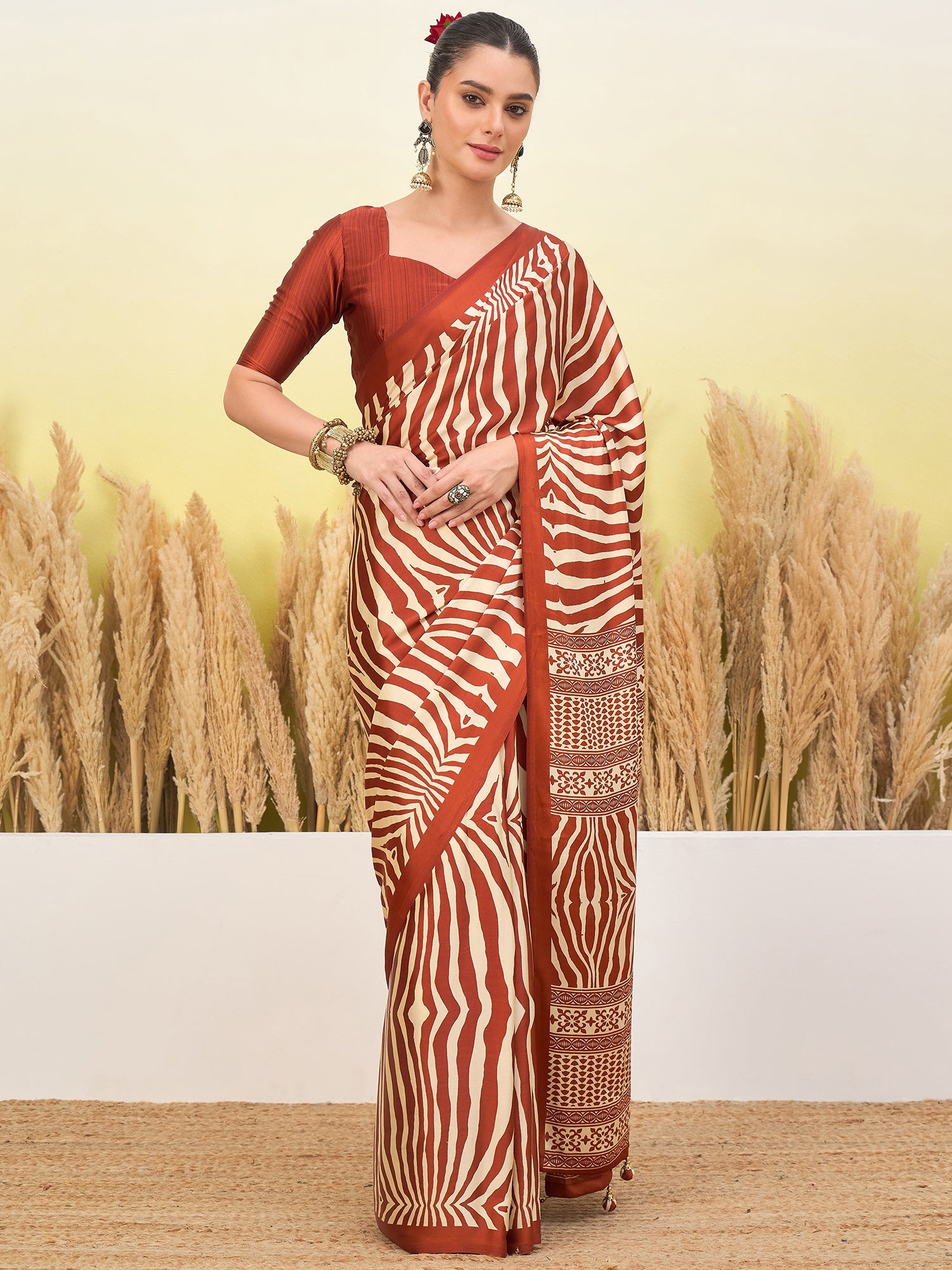 Peachmode Rust Semi Modal Printed Saree - Image 1