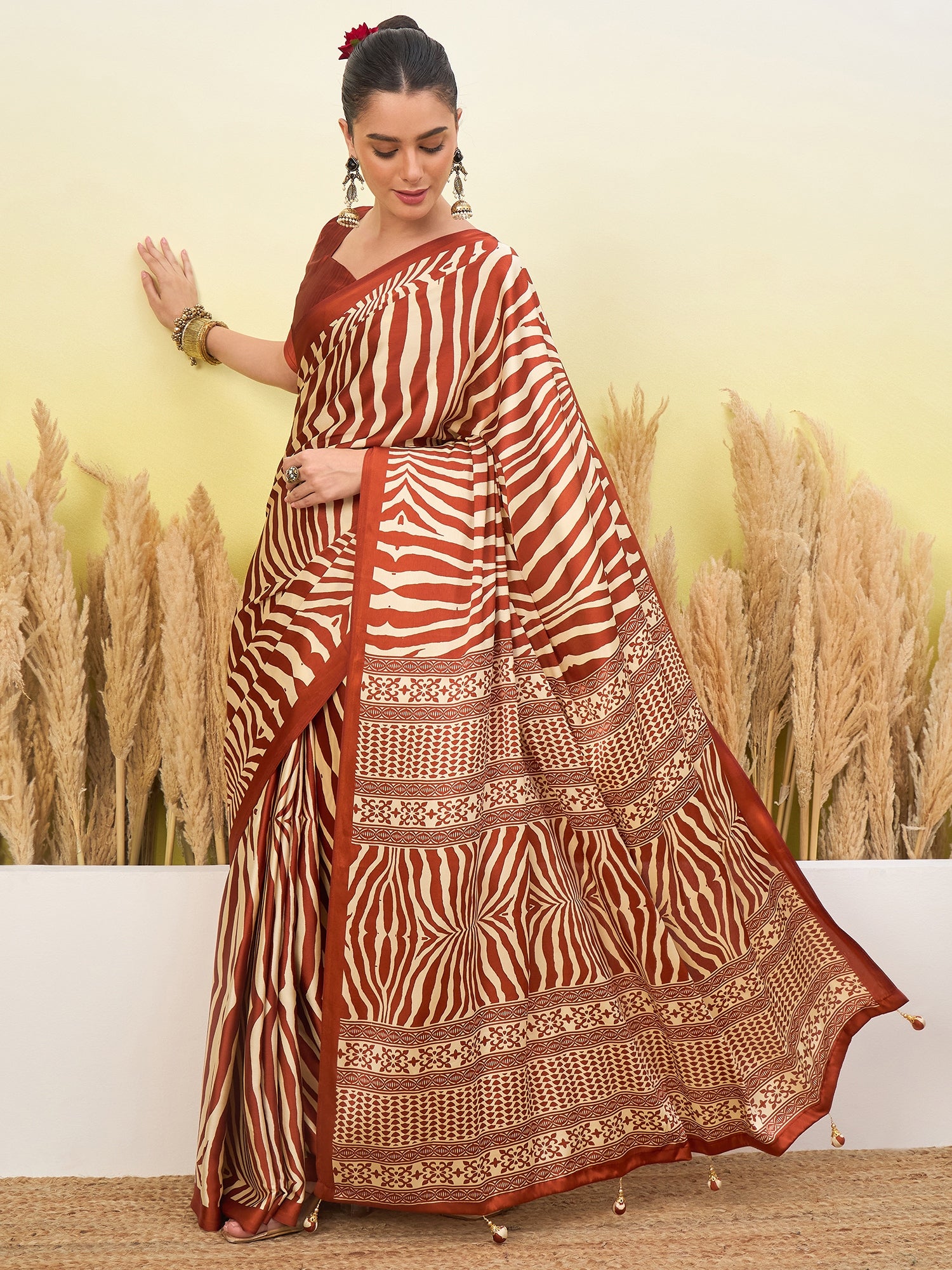 Peachmode Rust Semi Modal Printed Saree - Image 4