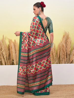 Peachmode Green Semi Modal Printed Saree - Image 2