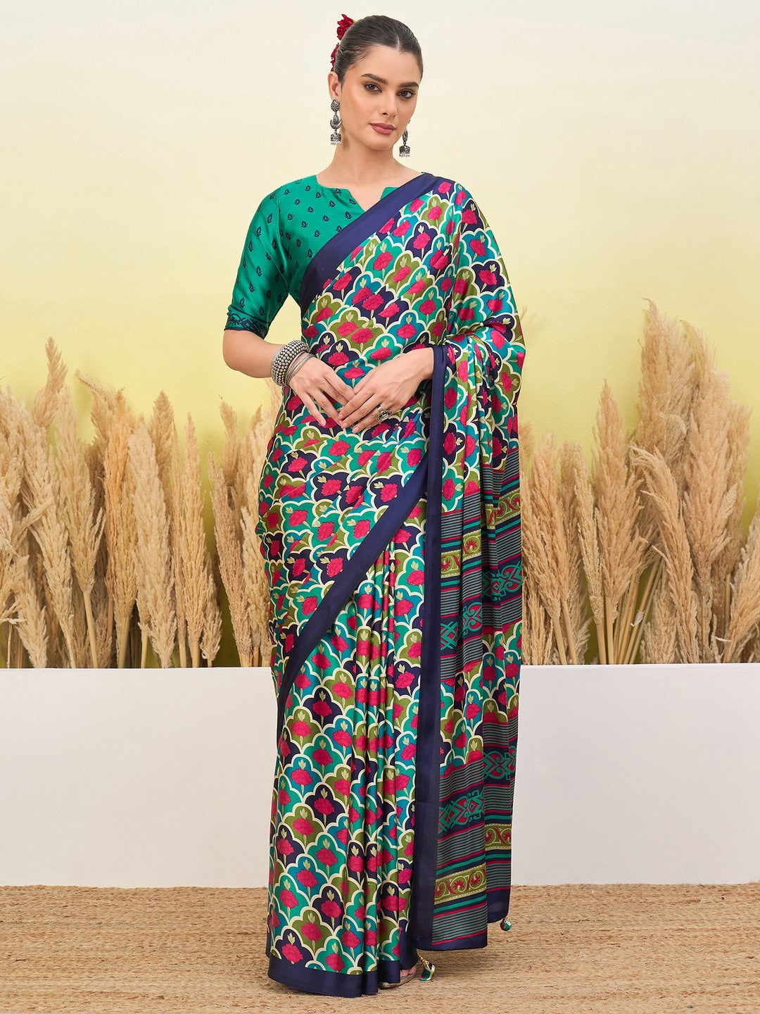 Peachmode Blue Semi Modal Printed Saree - Image 1