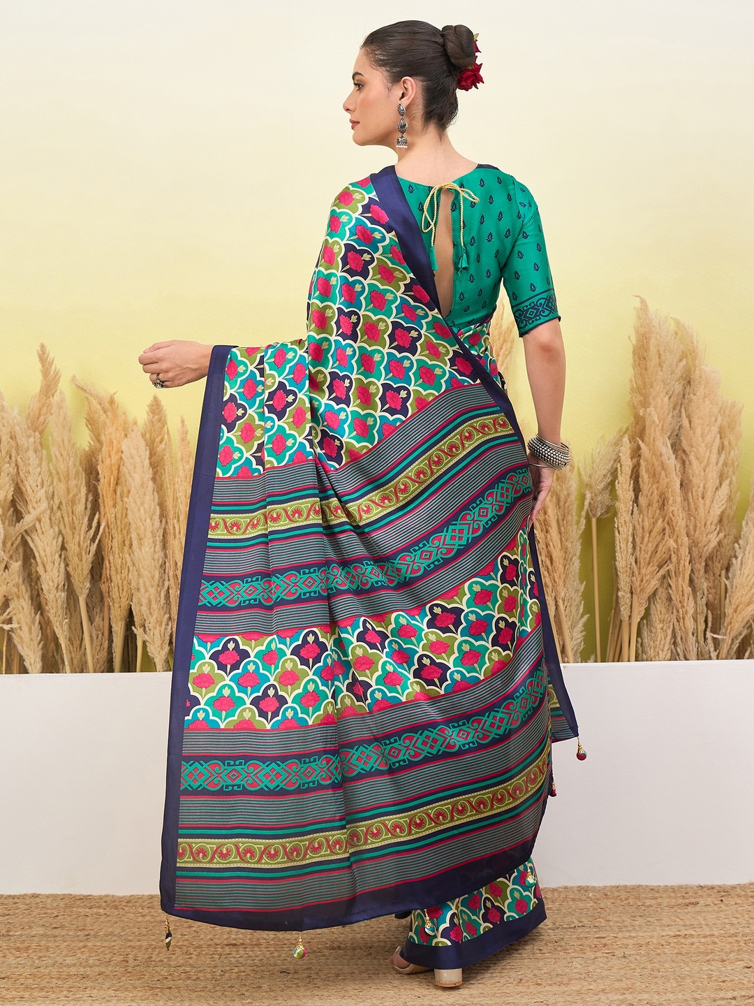 Peachmode Blue Semi Modal Printed Saree - Image 3