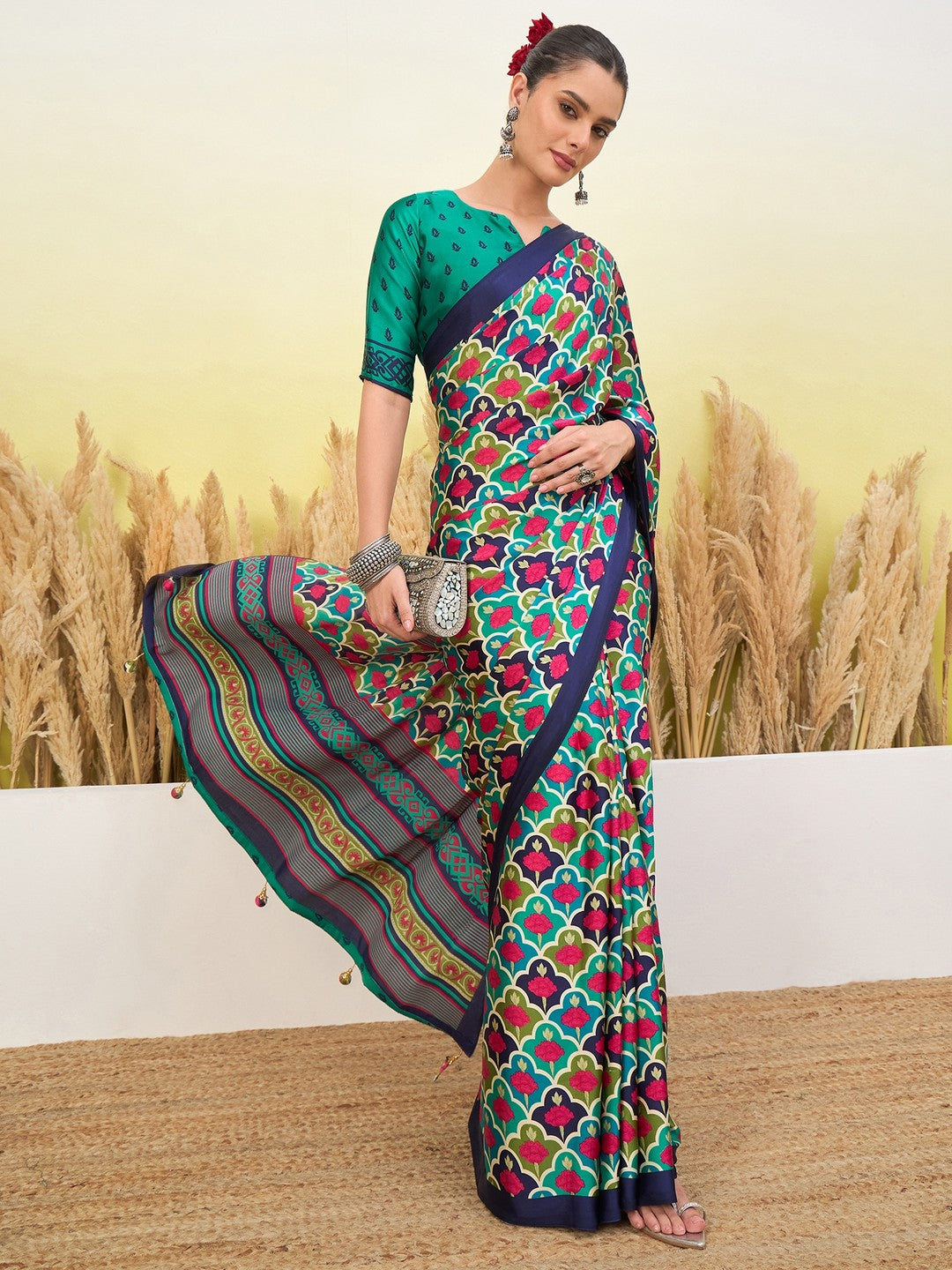 Peachmode Blue Semi Modal Printed Saree - Image 6