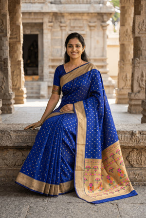 Peachmode Blue Paithani Silk Zari Meenakari Saree - Image 2