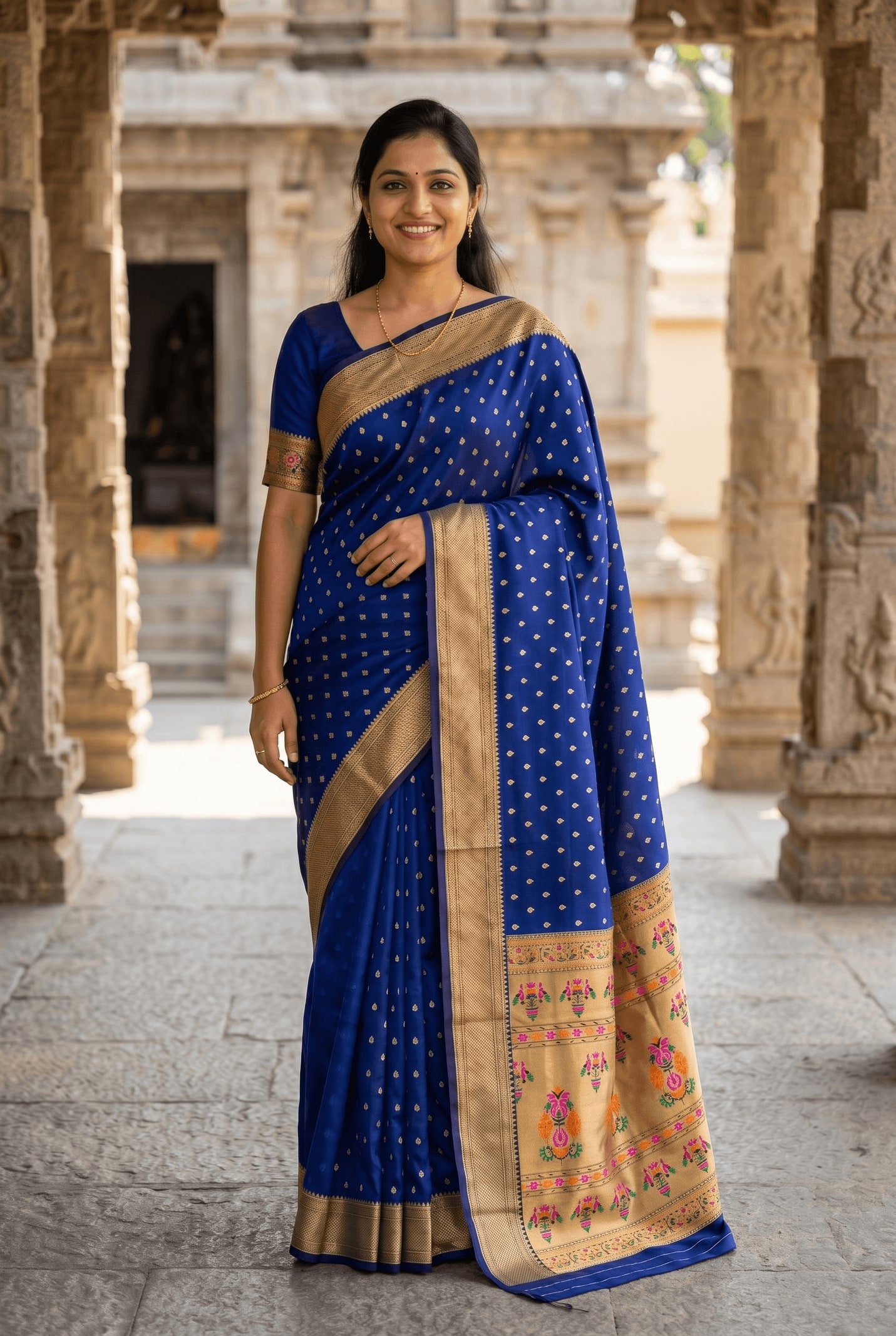 Peachmode Blue Paithani Silk Zari Meenakari Saree - Image 3