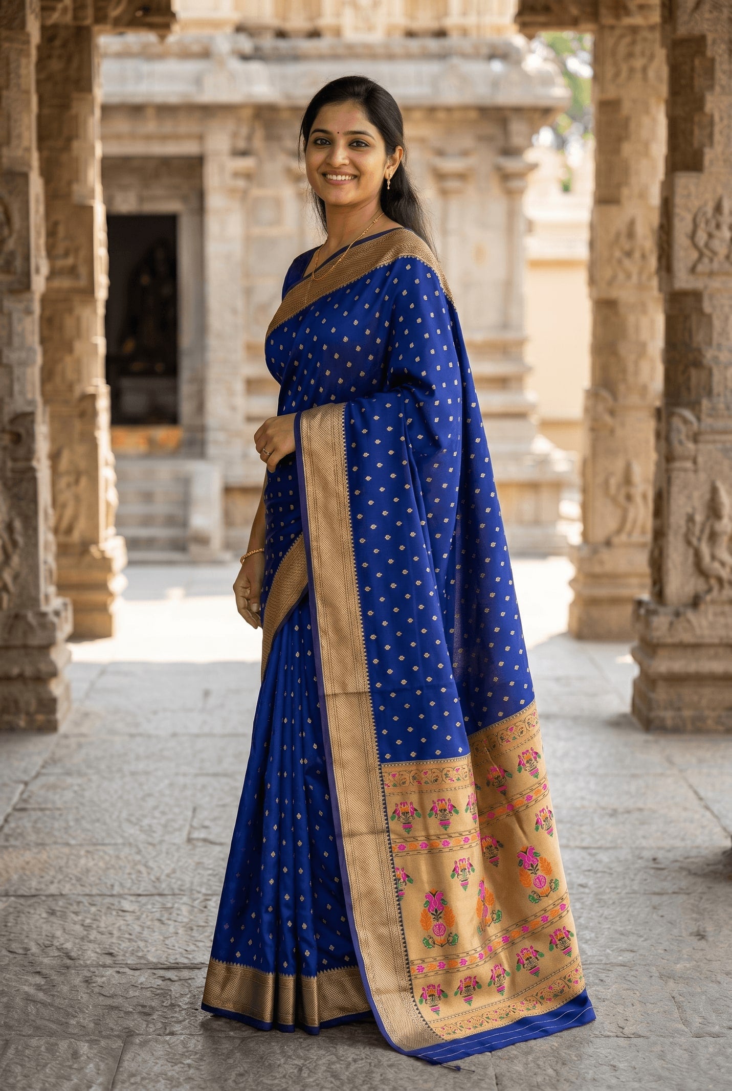 Peachmode Blue Paithani Silk Zari Meenakari Saree - Image 4