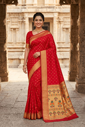 Peachmode Red Paithani Silk Zari Meenakari Saree - Image 1