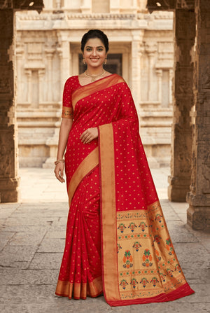 Peachmode Red Paithani Silk Zari Meenakari Saree - Image 2