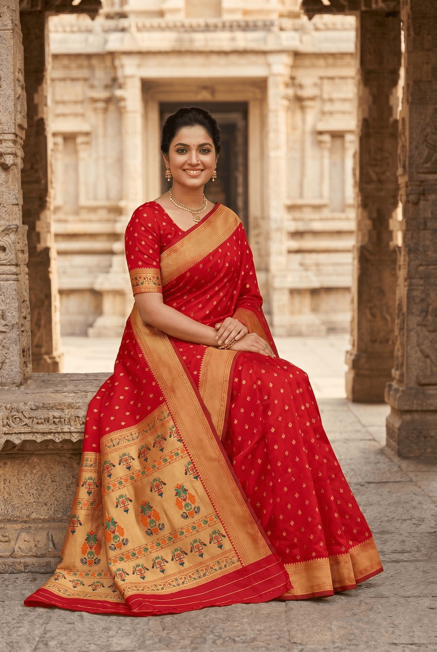 Peachmode Red Paithani Silk Zari Meenakari Saree - Image 3