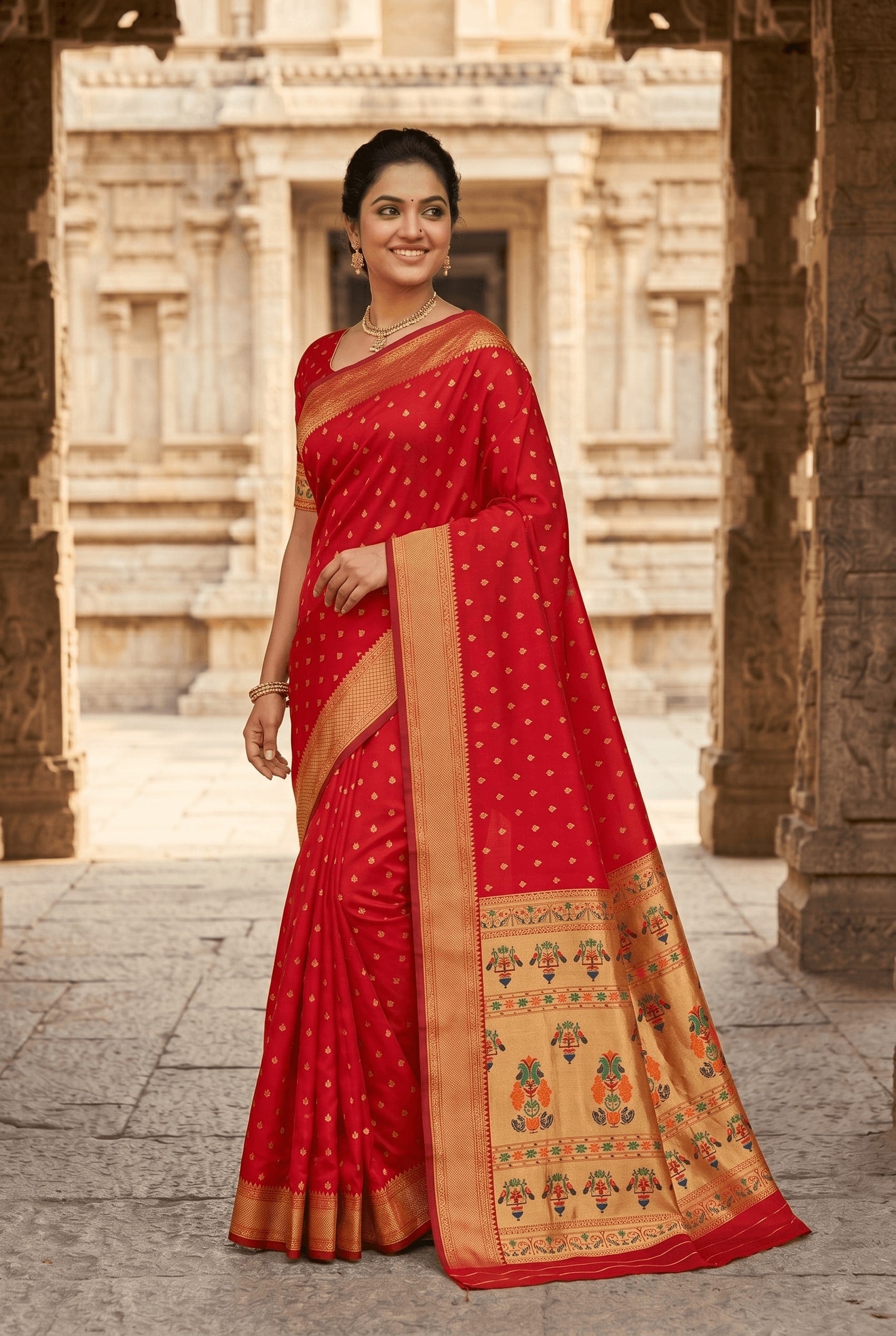 Peachmode Red Paithani Silk Zari Meenakari Saree - Image 4