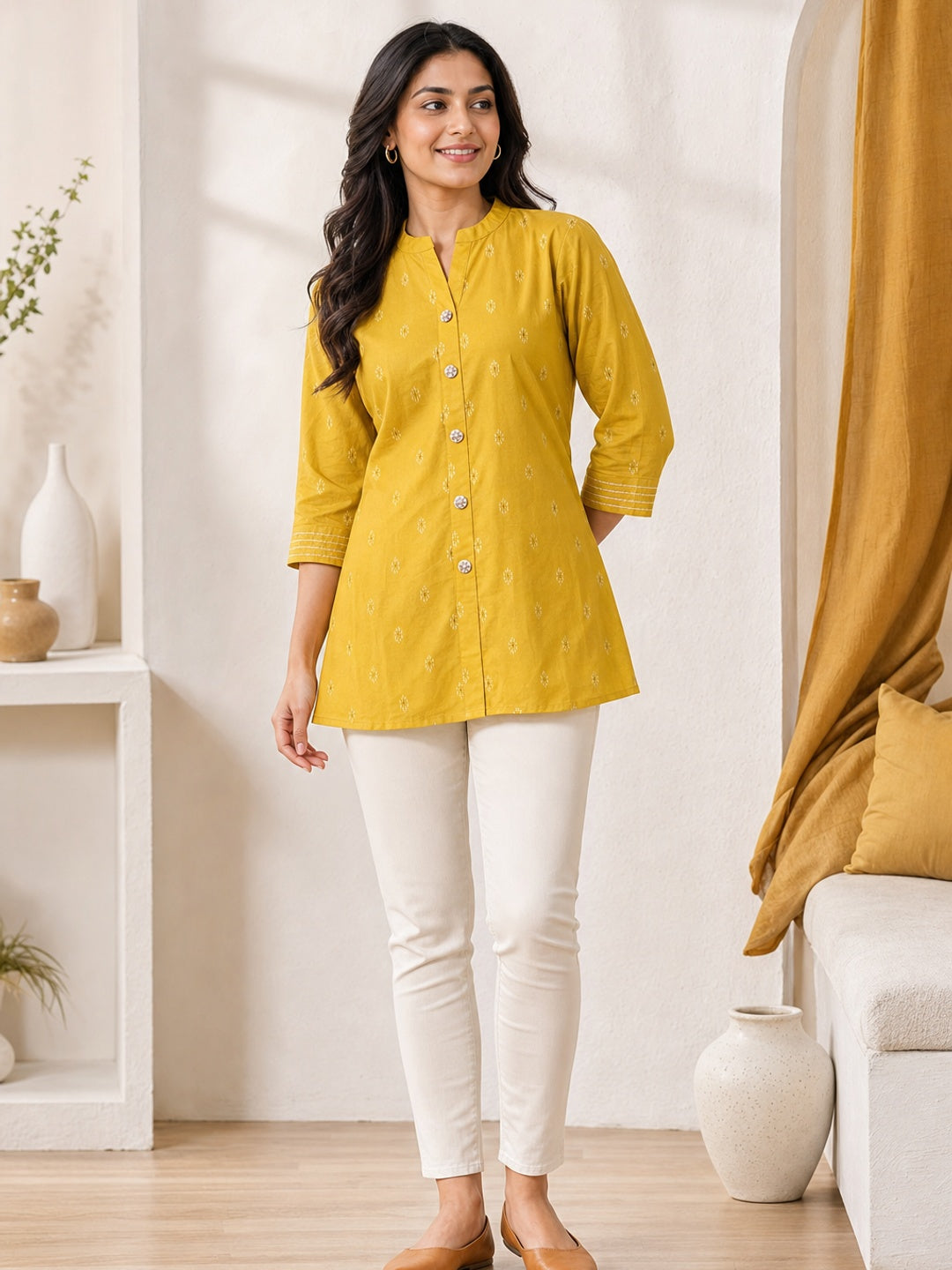 Yellow Pure Cotton Embroidered Short Top - Image 2