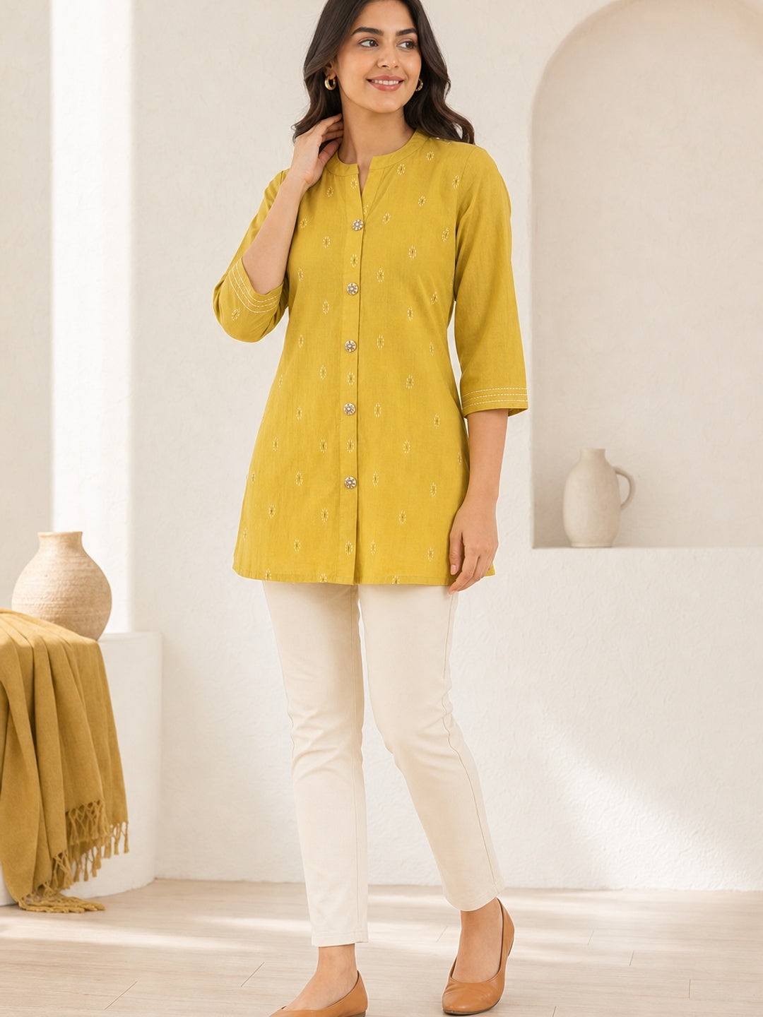 Yellow Pure Cotton Embroidered Short Top - Image 4