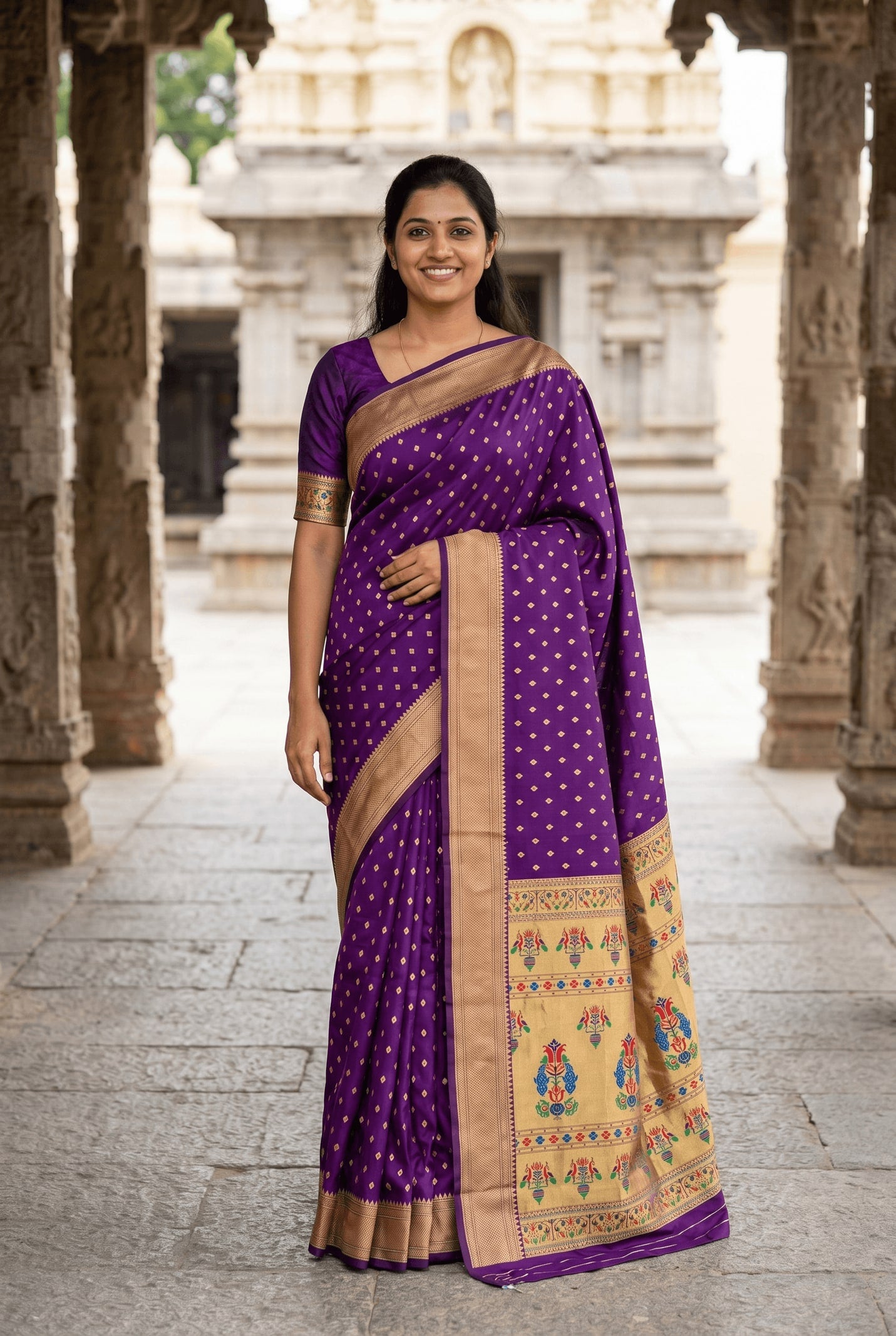 Peachmode Purple Paithani Silk Zari Meenakari Saree - Image 1