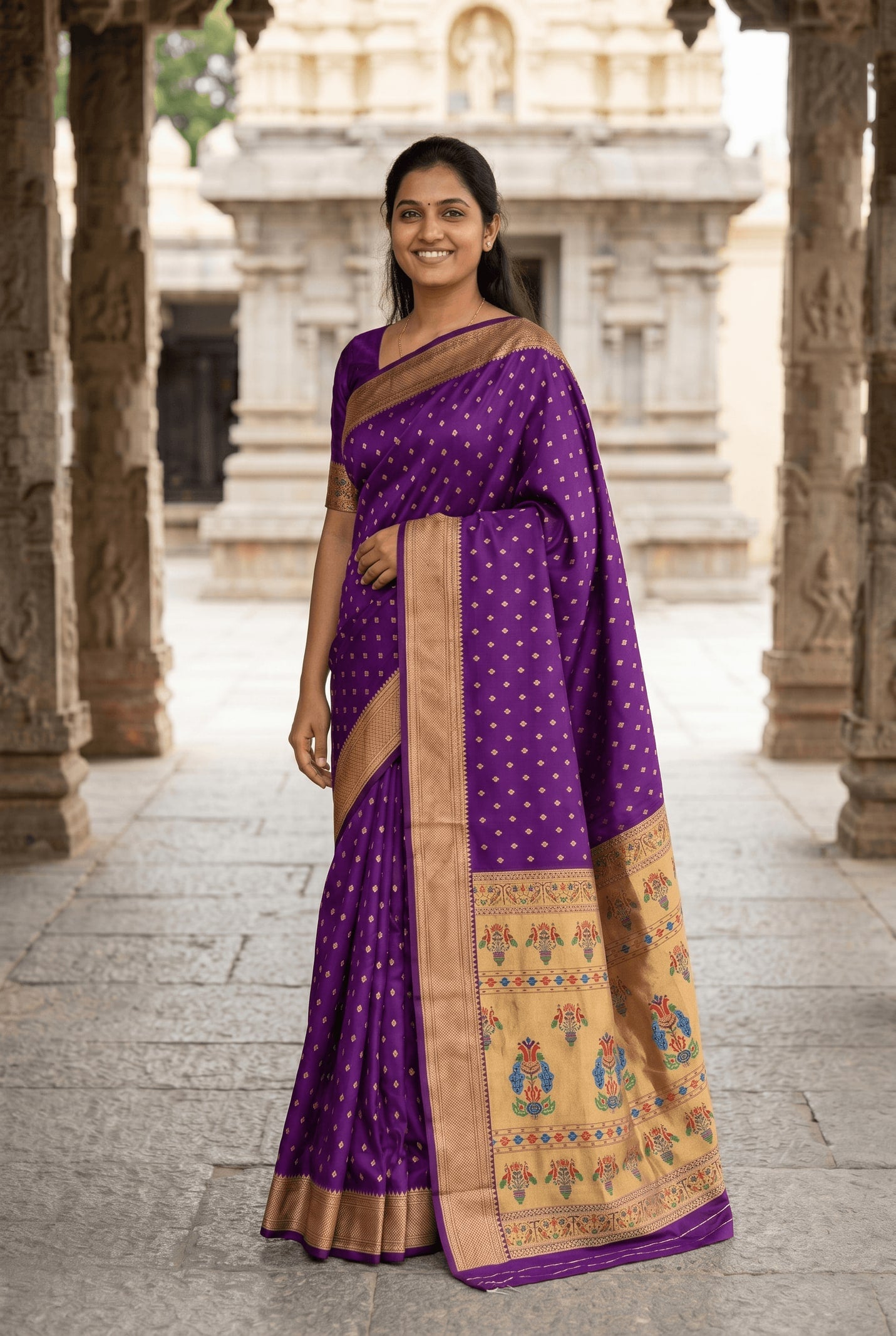 Peachmode Purple Paithani Silk Zari Meenakari Saree - Image 3