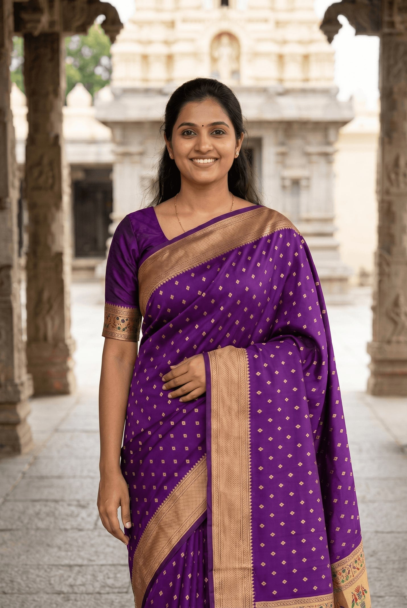 Peachmode Purple Paithani Silk Zari Meenakari Saree - Image 4