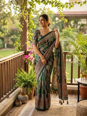 Peachmode Green Semi Gajji Ajrakh Mirror Work Silk Saree - Image 1