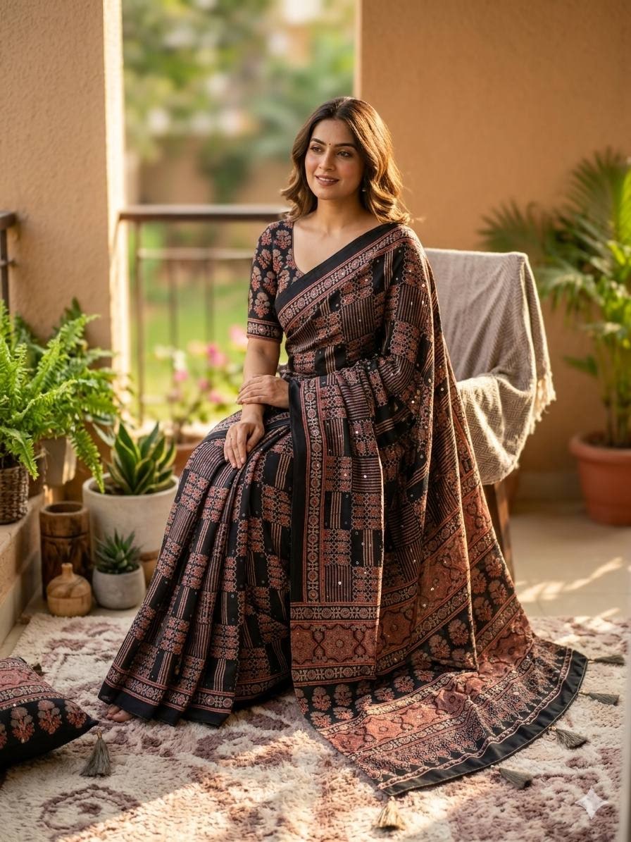 Peachmode Black Semi Gajji Ajrakh Mirror Work Silk Saree - Image 1